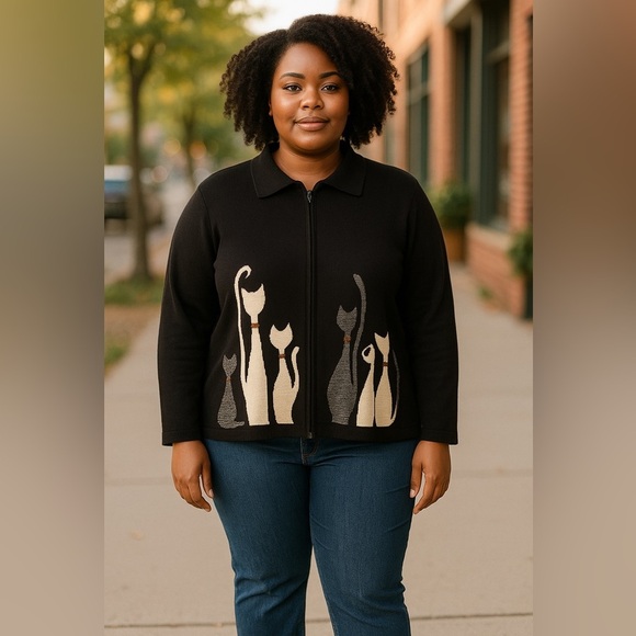 Alia Chic Cat-Themed Black Cardigan-Zip front-Size 18-Knit - Picture 1 of 12